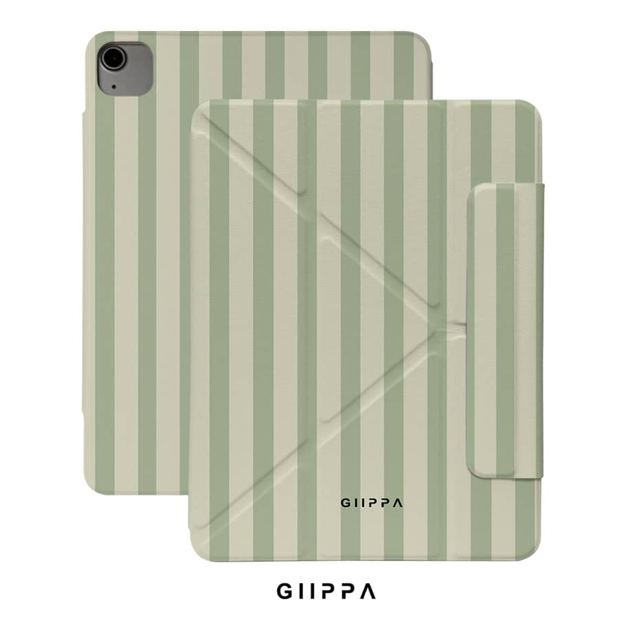 GIIPPA 1pc Green & White Striped Y-Fold Magnetic Tablet Protective Case, PU Leather Exterior With Hard Acrylic Anti-Bend Backplate, No Pen Slot, Multi-Angle Stand, Auto Sleep/Wake, For Office & Daily Use, Compatible With IPad Mini 6/7, Air 2/3/4/5/11/13" (M2/M3 2024-2025), 5/6/7/8/9/10/11th Gen, Pro 10.5/11/12.9" (2017-2025), Summer Obal Na, Protective Case, 11 A16 Protective Case, Cover
