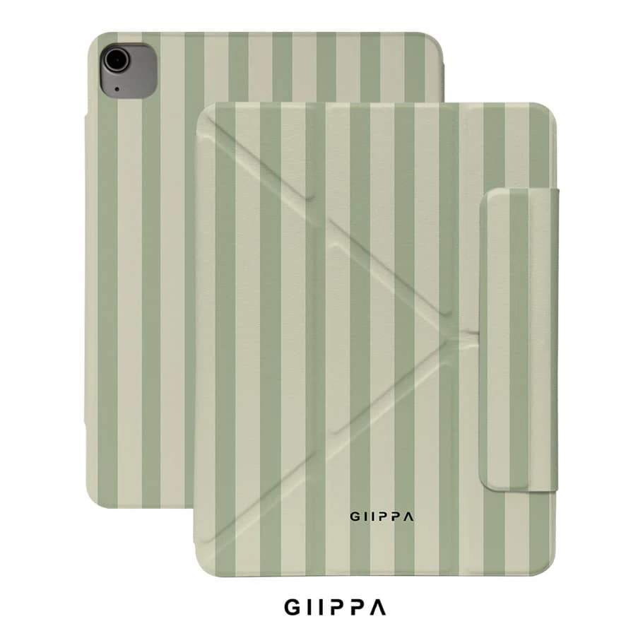 GIIPPA 1件綠色與白色條紋Y折磁吸平板保護殼，PU皮革外層搭配硬質壓克力防彎背板，無筆槽，多角度支架，自動休眠/喚醒，適用辦公與日常使用，相容 iPad Mini 6/7、Air 2/3/4/5/11/13" (M2/M3 2024-2025)、5/6/7/8/9/10/11代、Pro 10.5/11/12.9" (2017-2025)，Summer Obal Na 保護殼，11 A16 保護殼，保護套