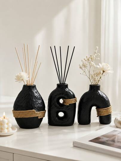 Wabi-Sabi Style Glossy Black Hammered Ceramic Aromatherapy Set, 3 Shapes Hollow/U-Shaped/Oval With Natural Rope, Empty Fragrance Diffuser Bottle, Suitable For Bedroom Home Decor And Housewarming Gift
