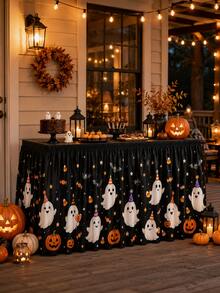 1pc Cute Ghost Pumpkin 183x75cm Table Skirt, Kawaii Halloween Party Style Polyester Rectangle Printed Tablecloth With Pleated Edge, Candy Star Table Cover Decor For Home Party Indoor Outdoor - Multicolor - View 3