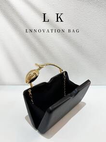 1 Peça Bolsa de Noite Feminina Retangular Minimalista de Couro PU Preto Fosco, Alça de Metal com Flor de Tulipa Dourada 3D, Clutch Rígida de Luxo Elegante Formal Transversal, Adequada para Casamento, Festa, Baile de Formatura, Jantar de Aniversário e Looks Noturnos - Multicolorido - Visão 3