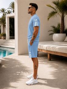 2pcs/Set Men's Unique Striped Print Summer Outfit, Including Round Neck Short Sleeve T-Shirt And Sports Shorts With Pockets And Drawstring - Light Wash - View 7