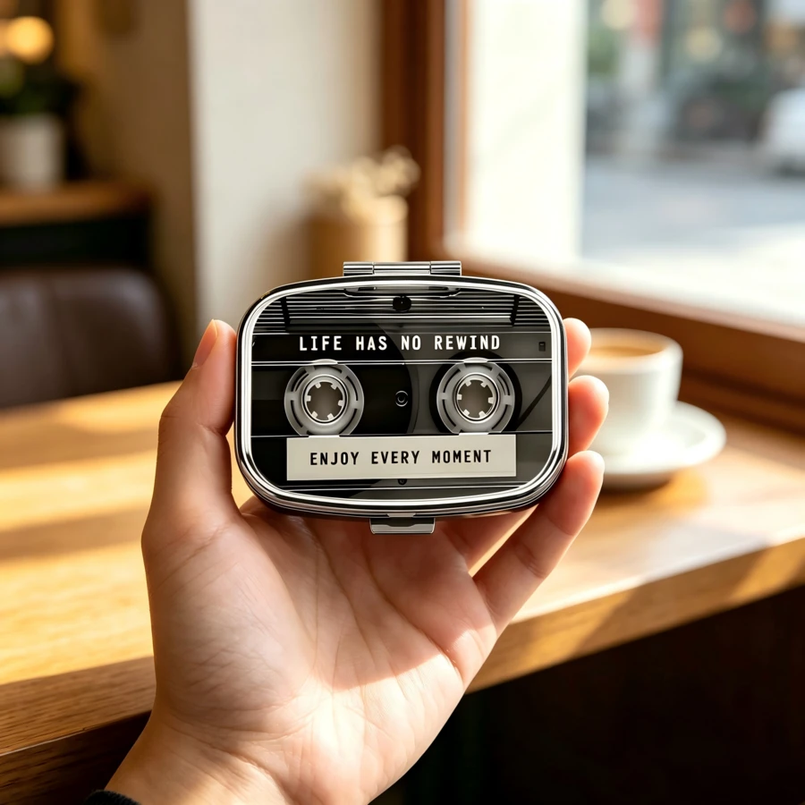 1pc Vintage Record Design Pill Box - 2-Compartment Metal Medication Storage Box Suitable For Travel, Wallet Or Pocket - Perfect Valentine's Day Gift - Suitable For Men And Women - Black - View 1