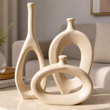 Trio Of Stylized Vases - 3 Minimalist Ceramic Decorative Vases Decoration For Bedroom, Living Room, Rack, Office, Sideboard - 摩卡棕 - 查看 2
