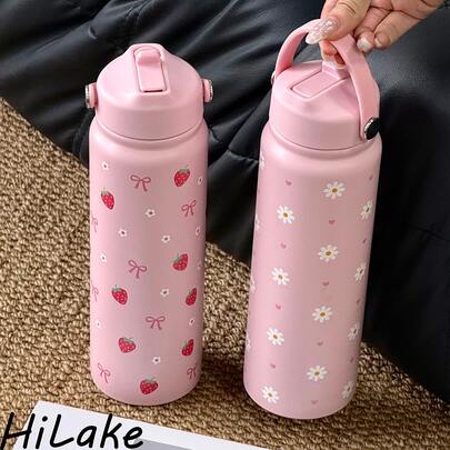 HILAKE 800ml Strawberry Bow Insulated Water Bottle - White Floral Heart Design, Suitable For All-Day Hydration, Keeps Fruit Ice Soda, Milkshakes And Sparkling Water Cold - Ideal Back To School Gift, Suitable For Friends, Office And Casual Use