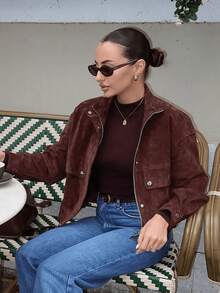Jaket Varsity Wanita Bahan Suede dengan Kerah Tegak, Lengan Panjang, Resleting, dan Saku, Sempurna untuk Gaya Musim Gugur - Coffee Brown - View 9