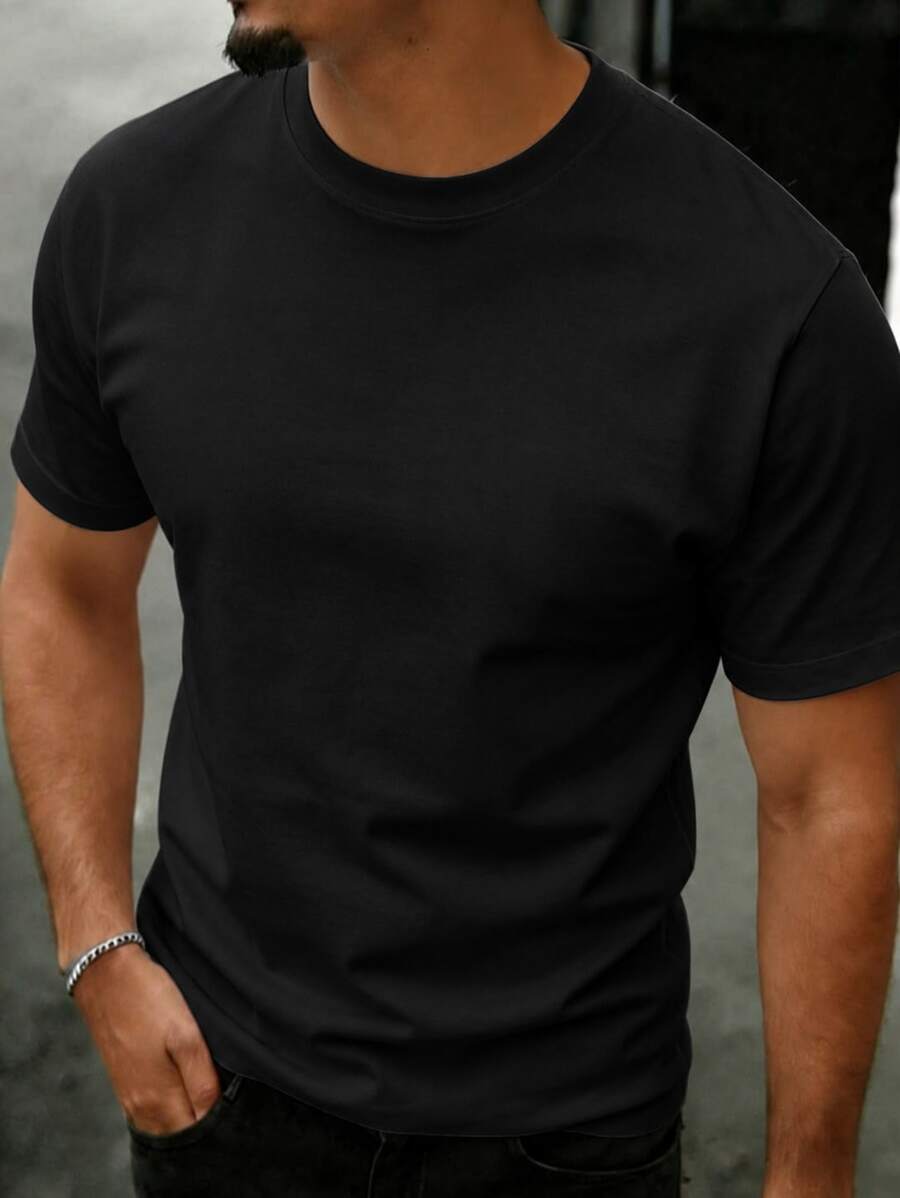 Camiseta de hombre de color sólido, versátil y a la moda - minimalista, casual, de manga corta para uso diario. - Negro - Ver 1