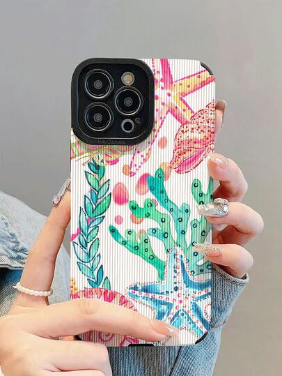 1pc New Fashion Vibrant Starfish Coral Shell Pattern Shockproof Phone Case, Daily Protection Essential, Style, Perfect Gift For Friends, Family, Etc., Compatible With Iphone17/17Air/17Pro/17ProMax/IPhone16/16Plus/16Pro/16ProMax/IPhone15/15Plus/15Pro/15ProMax/IPhone14/14Plus/14Pro/14ProMax/IPhone13/13Pro/13ProMax/IPhone12/12Pro/12ProMax/IPhone11/IPhone11Pro/11ProMax