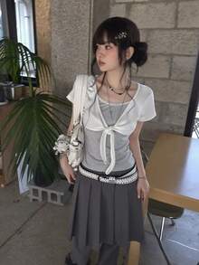 Striped 2 In 1 Short Sleeve T-Shirt Women's Summer Korean Style Design V-Neck Lace-Up Bow Top Casual White - White - View 4