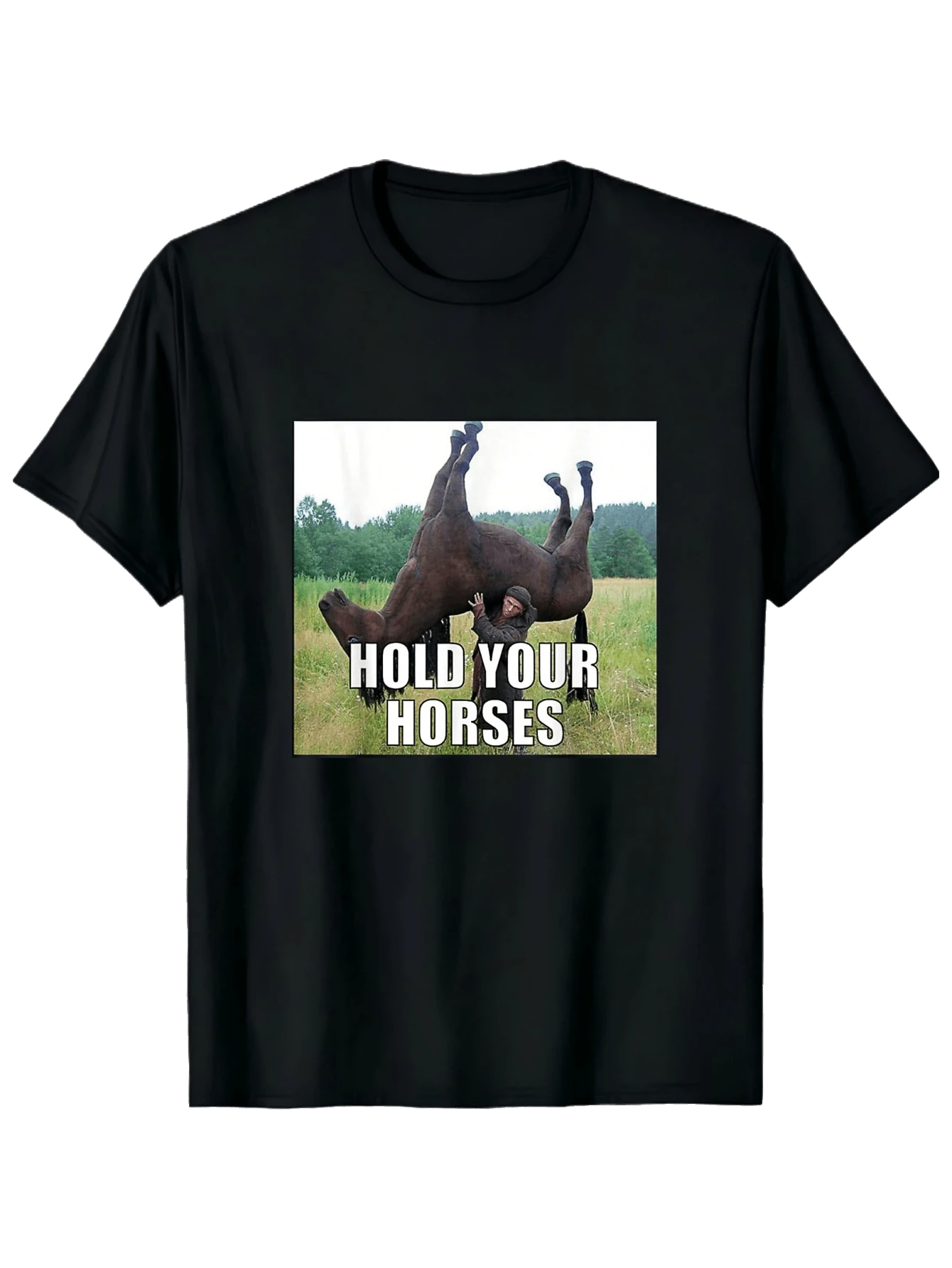 Funny Hold Your Horses T-Shirt For Men, Humor Meme Graphic Tees Gift, Round Neck Short Sleeved T Shirts Tops Men Clothing, Casual Tee Gift - 黑色 - 查看 1
