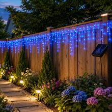 2pcs Solar Powered Blue Icicle String Lights, Outdoor Solar Powered Curtain Fairy Lights, 8 Flashing Modes, Auto On/Off, Blue LED Hanging Lights, Suitable For Garden, Yard, Fence, Eaves, Porch, Holiday Party Decoration - Blue - View 9