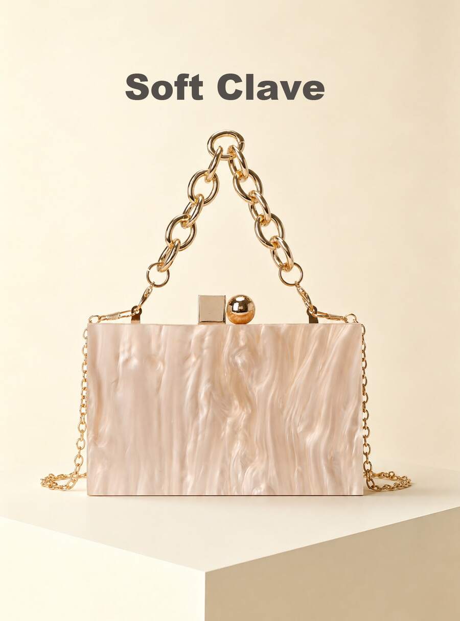 Light Luxury Apricot Marble-Patterned Acrylic Clutch Bag With Delicate Chain Strap, Designed For Hand-Carrying Or Crossbody Wear, Wedding Party - 杏色 - 查看 1