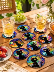 10pcs Galaxy Black Cat Wooden Coasters, Colorful Space Style Round Printed Wood Drink Coaster Set With Star Planet Cat Pattern, Decorative Cup Mats For Coffee Table Bedroom Party Decor - F - View 9