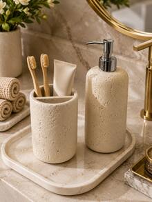 2pcs Set Faux Cave Stone Texture Resin Bathroom Accessories Set, Includes Soap/Lotion Dispenser And Divided Toothbrush Holder, Beige Stone Pattern Countertop Storage Rack, Suitable For Bathroom Sink, Washbasin, Guest Bathroom, Apartment, Hotel, Spa Center And Modern Minimalist Home Decor - New Model - View 5