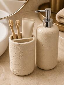 2pcs Set Faux Cave Stone Texture Resin Bathroom Accessories Set, Includes Soap/Lotion Dispenser And Divided Toothbrush Holder, Beige Stone Pattern Countertop Storage Rack, Suitable For Bathroom Sink, Washbasin, Guest Bathroom, Apartment, Hotel, Spa Center And Modern Minimalist Home Decor - New Model - View 6