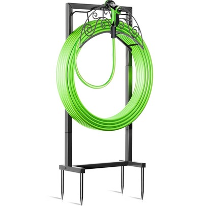 Soporte de almacenamiento de manguera de jardín de metal independiente mejorado, soporte de manguera de agua exterior desmontable de alta resistencia, soporte de carrete de manguera de gran capacidad que sostiene hasta 150 pies de manguera de jardín estándar, almacenamiento estable de tubería para uso en césped, patio, terraza, patio trasero y jardín