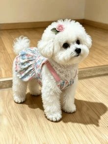 1pc Vintage Pink Floral Print Pet Dress, Ruffle Elastic Shoulder Strap Cute Dog Dress, Lightweight And Soft, Suitable For Bichon, Teddy, Schnauzer Small Dogs, Sweet Daily Walk Party Pet Outfit, With Ruched Hem Design - Multicolor - View 5