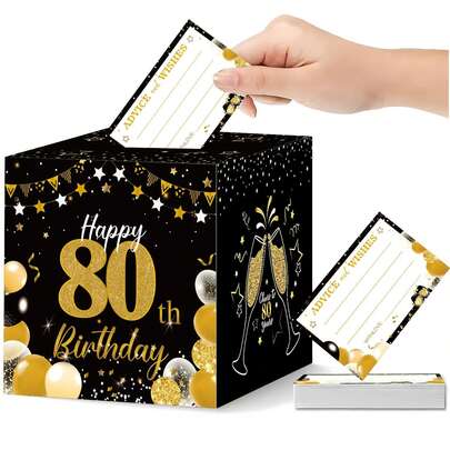 51pcs Black & Gold 80th Birthday Blessing Raffle Box Set, Balloon & Champagne Glass Theme Message Card Storage Box, Suitable For Adult 80th Birthday Party, Luxury Black & Gold Theme Celebration, Coming Of Age Blessing Collection, Company Colleague Birthday Party, Family Birthday Interactive Activity