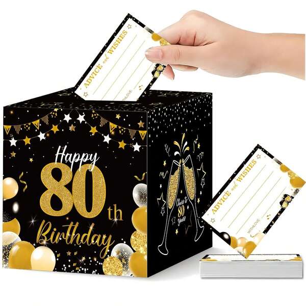 51pcs Black & Gold 80th Birthday Blessing Raffle Box Set, Balloon & Champagne Glass Theme Message Card Storage Box, Suitable For Adult 80th Birthday Party, Luxury Black & Gold Theme Celebration, Coming Of Age Blessing Collection, Company Colleague Birthday Party, Family Birthday Interactive Activity