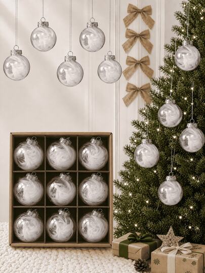 9er/Set weiße klare Weihnachtskugel-Ornamente mit gefüllten Federn, ästhetische hängende Ornamente für den Weihnachtsbaum, elegante Feiertags-Party-Dekoration, wiederverwendbare transparente Weihnachtskugel-Dekoration