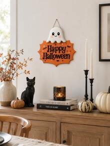 1pc-Happy Halloween Cute Ghost 3D Wooden Hanging Sign, Orange Bat Star Wall Plaque, Farmhouse Autumn Fall Home Decor, Vintage Halloween Entryway Front Door Wall Ornament, Halloween Party Decorative Gift For Home Indoor - Multicolor - View 6