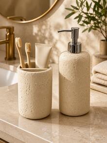 2pcs Set Faux Cave Stone Texture Resin Bathroom Accessories Set, Includes Soap/Lotion Dispenser And Divided Toothbrush Holder, Beige Stone Pattern Countertop Storage Rack, Suitable For Bathroom Sink, Washbasin, Guest Bathroom, Apartment, Hotel, Spa Center And Modern Minimalist Home Decor - New Model - View 1
