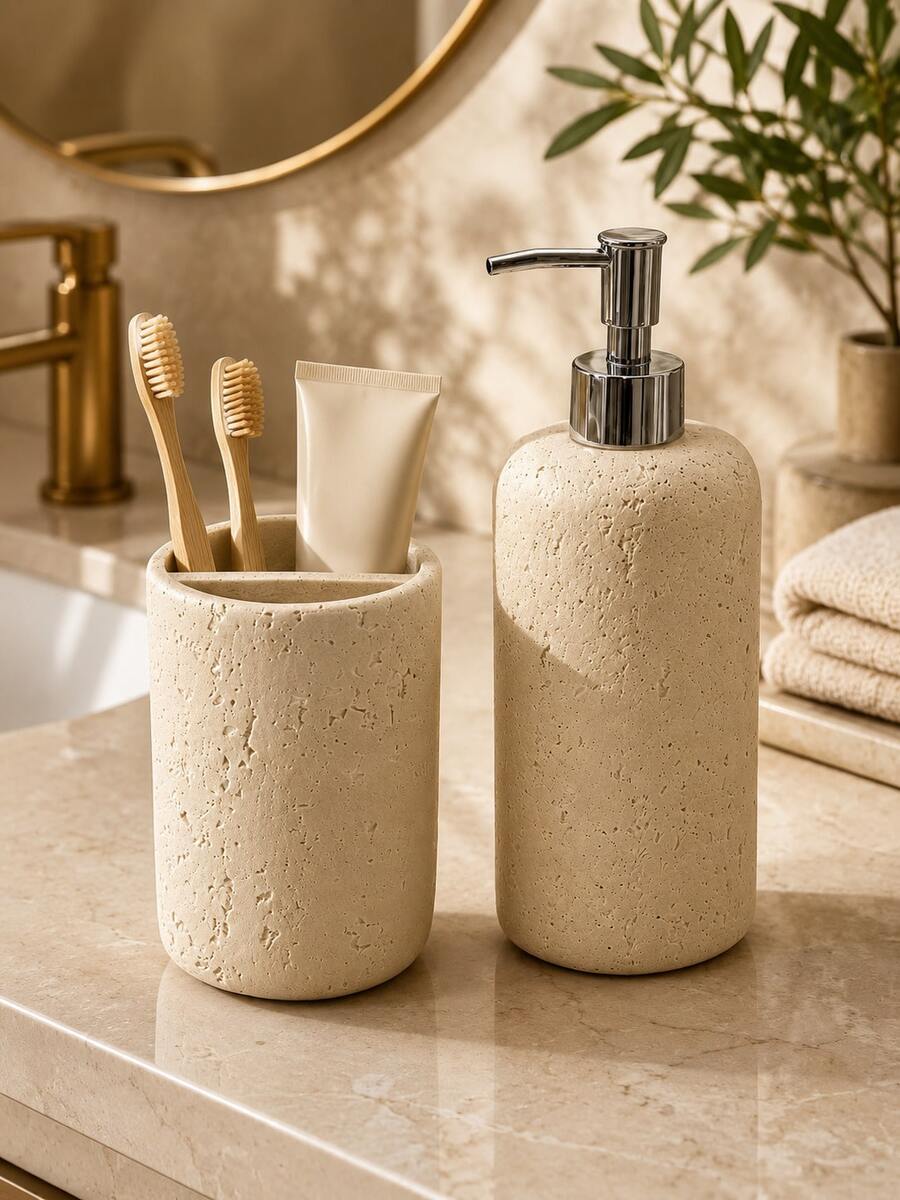 2pcs Set Faux Cave Stone Texture Resin Bathroom Accessories Set, Includes Soap/Lotion Dispenser And Divided Toothbrush Holder, Beige Stone Pattern Countertop Storage Rack, Suitable For Bathroom Sink, Washbasin, Guest Bathroom, Apartment, Hotel, Spa Center And Modern Minimalist Home Decor - New Model - View 1