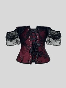 Halloween Atmosphere Black & Red Lace Corset, French Puff Sleeve Patchwork Bustier, Waist-Cinched Body-Shaping Tight Top - Burgundy - View 3
