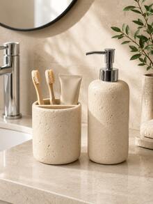 2pcs Set Faux Cave Stone Texture Resin Bathroom Accessories Set, Includes Soap/Lotion Dispenser And Divided Toothbrush Holder, Beige Stone Pattern Countertop Storage Rack, Suitable For Bathroom Sink, Washbasin, Guest Bathroom, Apartment, Hotel, Spa Center And Modern Minimalist Home Decor - New Model - View 3
