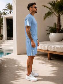 2pcs/Set Men's Unique Striped Print Summer Outfit, Including Round Neck Short Sleeve T-Shirt And Sports Shorts With Pockets And Drawstring - Light Wash - View 6