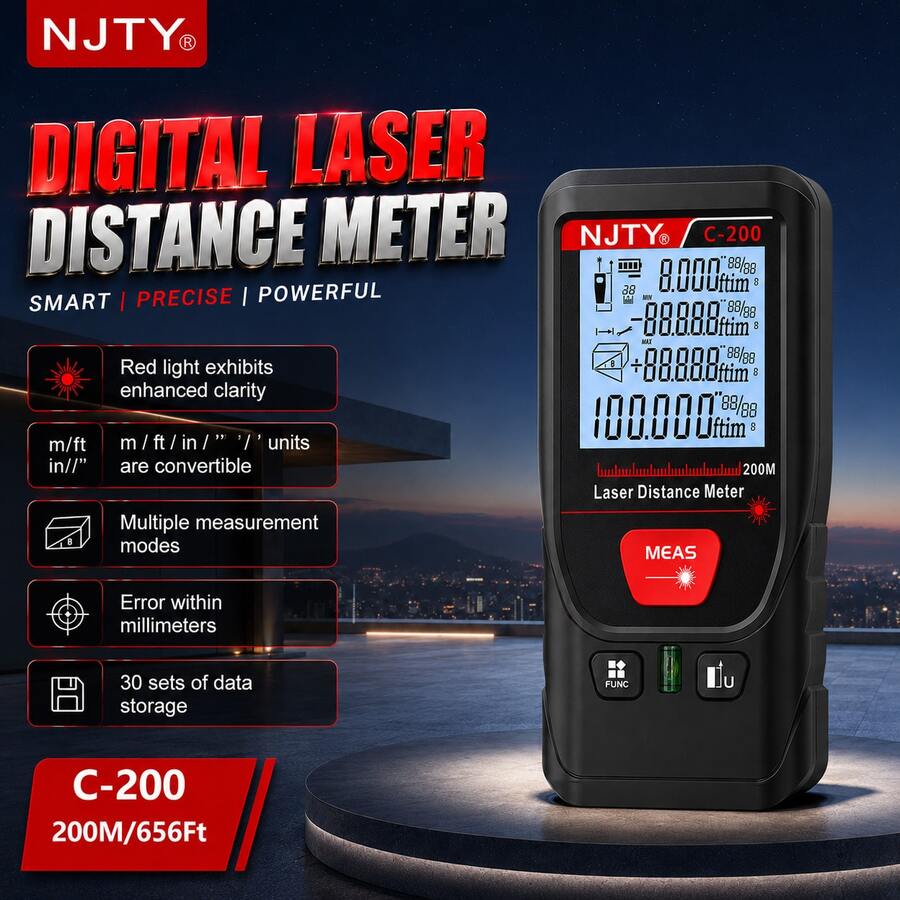 Medidor de Distancia Láser Digital de 200M, Herramienta de Medición Láser de Alta Precisión con Pantalla LCD Retroiluminada, Medición de Distancia, Área y Volumen, Modo Pitagórico, Almacenamiento de Datos, Dispositivo de Medición Portátil para Construcción y Renovación del Hogar