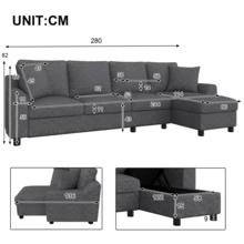 Modern Chenille L-Shape Sofa 3 Seater + Corner Unit, Corner Unit With Folding Storage, Adjustable - 灰色四座 - 查看 2