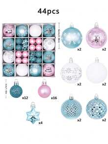 44pcs/Set Macaron Glitter Christmas Decoration Balls, Gold, Blue & White & Pink Mixed Color Shatterproof Spheres With Hooks, Exquisite Textured Design, Suitable For Christmas Tree Decoration, New Year Celebration, Outdoor Decoration, Create Festive Atmosphere - Blue, White, and Pink Christmas Ornaments - View 8