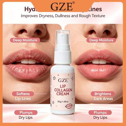 GZE Lip Collagen Spray Cream 30g/1.06oz, Collagen Lip Plumping Repair, Moisturize Dry Cracked Lips, Fade Dark Lip Lines, Soften Rough Chapped Lips & Boost Full Lip Texture