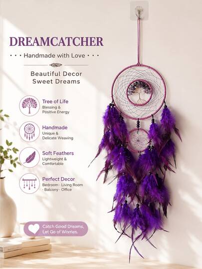 Double Ring Tree Of Life Crystal Dream Catcher, Colorful Feather Wall Hanging Decor, Bohemian Style Bedroom Decoration, Gift For Girls, Girl's Bedroom Soft Furnishing, Bedside Decor For B&B, Rental Wall Renovation, Birthday Gift, Best Friend Gift, Wedding Backdrop, Photography Prop, Window Sill Wind Chime Hanging Decor, Holiday Gift, Bohemian Home Decor, Tree Of Life Dream Catcher