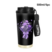 1/5pcs 500ml Purple Bouquet Bowknot Insulated Coffee Cup, Stainless Steel Material, Leak-Proof Flip Lid, Non-Slip Gold Base, Elegant Floral Design, Keeps Hot And Cold, Fashion Travel Cup, Thoughtful Gift For Women, Teachers And Floral Lovers - Black-purple Bouquet - View 7
