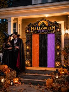 5pcs Halloween Door Decor Set, Halloween Party Entrance Arch Banner With Foil Fringe Curtain, Porch Sign Banner, Hanging Rope, Polyester Haunted House Doorway Backdrop, Suitable For Indoor/Outdoor Party Porch Yard Photo Booth Decoration - View 2
