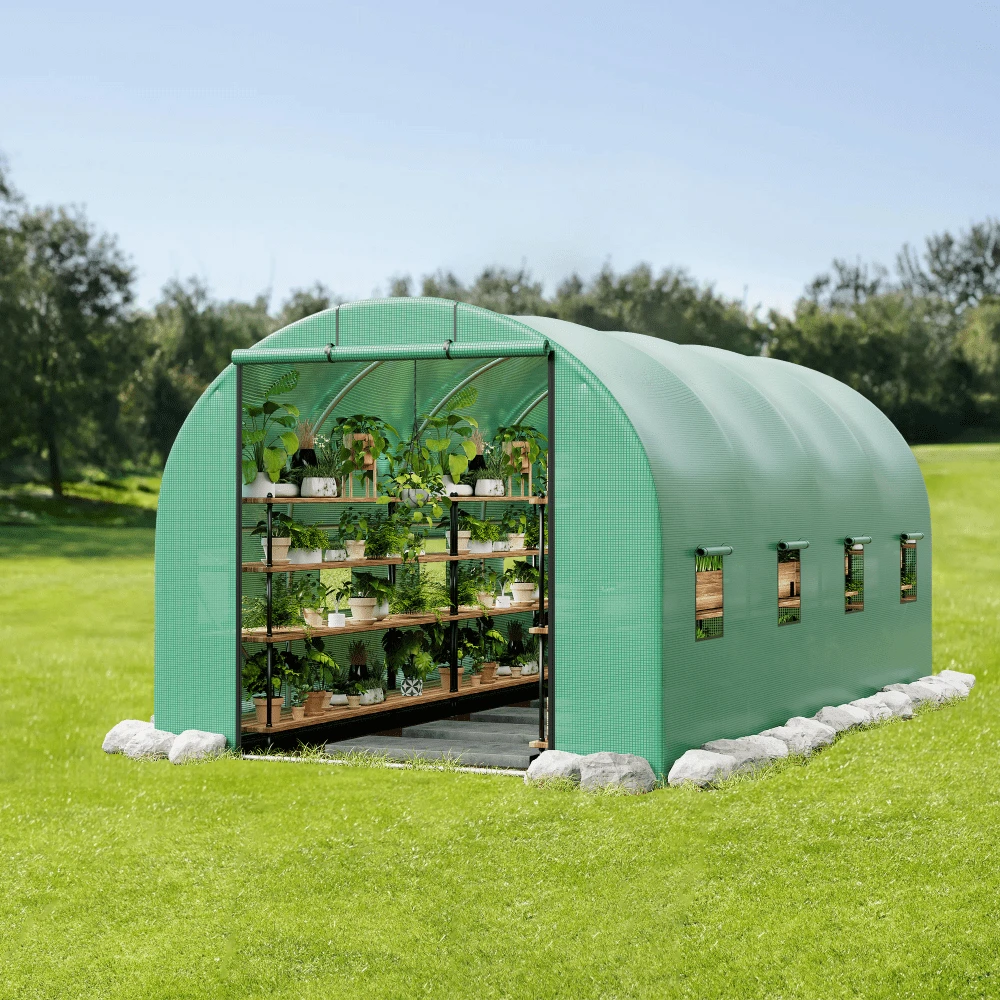 Invernadero túnel gran 15x7x7 pies para jardín - Estructura de acero galvanizado reforzado - Cubierta PE resistente - 8 ventanas con malla - Ideal para cultivo y protección de plantas en exterior - Puerta enrollable - Ver 1