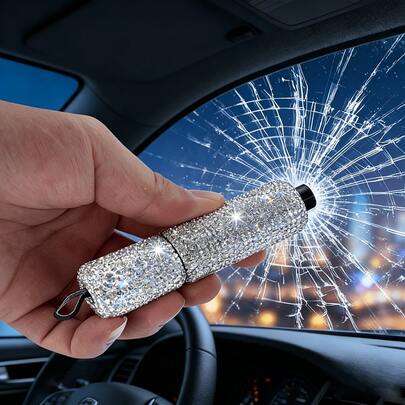1 buah Pemecah Kaca Mobil Berkilau, Pemotong Sabuk Pengaman 2 in 1, Alat Evakuasi Darurat Portabel, Palu Pengaman Berlian Kristal, Aksesori Gantungan Kunci Penyelamat Jiwa Otomatis untuk Wanita