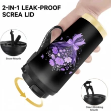 1/5pcs 500ml Purple Bouquet Bowknot Insulated Coffee Cup, Stainless Steel Material, Leak-Proof Flip Lid, Non-Slip Gold Base, Elegant Floral Design, Keeps Hot And Cold, Fashion Travel Cup, Thoughtful Gift For Women, Teachers And Floral Lovers - Black-purple Bouquet - View 2