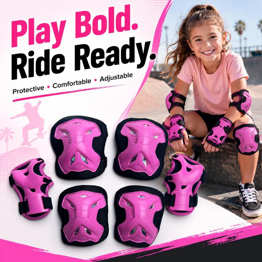 BAT DEICIDE 6PCS Kids Protective Gear CPSIA Certified: Knee Pads Elbow Pads Wrist Guards For Skateboard Cycling Scooter Skating Balance Bike 5-10Y, Back To School - Pink - View 1