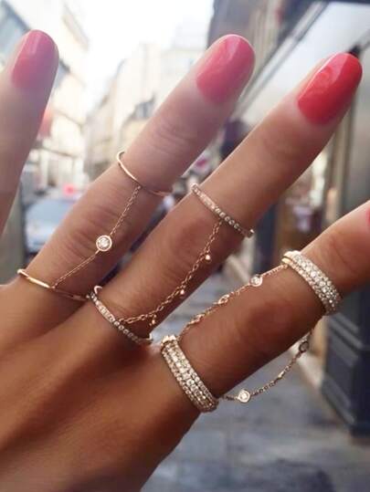 1pc Elegant Artificial Zirconia Chain Linked Ring, Suitable For Women's Daily, Wedding, Party, Gathering Matching