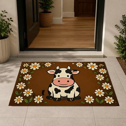 1pc Dark Brown Background White Daisy Surrounded Cartoon Cow Doormat, Farmhouse Childlike Pastoral Style Flannel Material Rectangular Rug, High-Definition Print Fine Edge Locking Anti-Slip Absorbent Foot Mat, Suitable For Entryway, Kitchen, Dining Room, Bathroom, Hallway, Balcony, Bedroom Home Decor