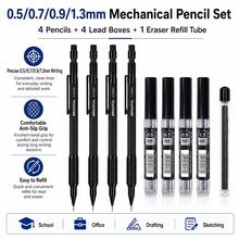 Metal Mechanical Pencil Set, 1pc Drafting Pencils With 4 Boxes HB Lead Refills And Eraser, 0.5mm 0.7mm 0.9mm 1.3mm Refillable Automatic Pencil Kit For Writing, Drawing, Sketching, School And Office Supplies - Multicolor - View 1