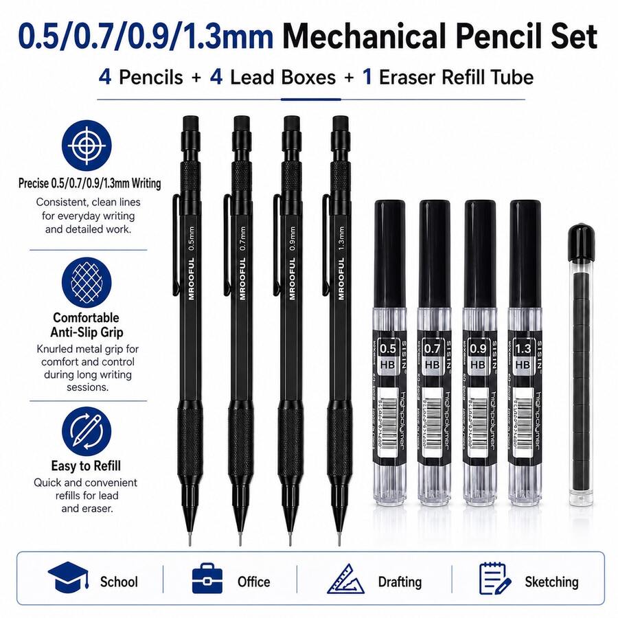 Metal Mechanical Pencil Set, 1pc Drafting Pencils With 4 Boxes HB Lead Refills And Eraser, 0.5mm 0.7mm 0.9mm 1.3mm Refillable Automatic Pencil Kit For Writing, Drawing, Sketching, School And Office Supplies - Multicolor - View 1