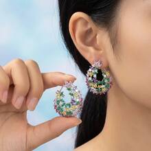 1 Pair Women's Fashion Earrings, Minimalist | Personalized | Oval Flower Dangle Earrings, C-Shaped, Inlaid With Colorful Zirconia, Women's Fashion Earrings, Ear Jewelry, Gift - Colorful - View 3