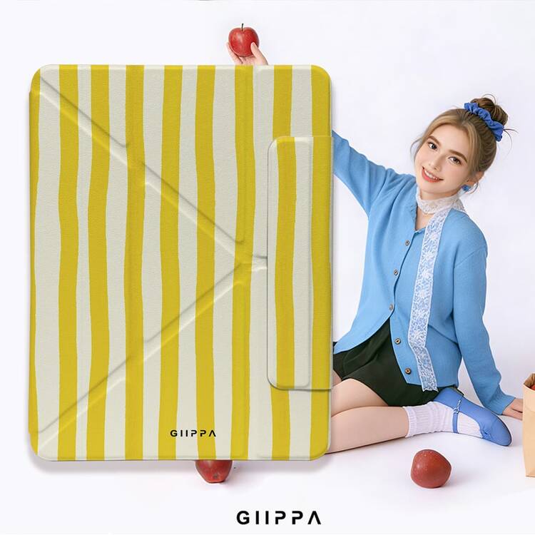 GIIPPA 1pc Yellow & White Striped Y-Fold Magnetic Tablet Protective Case, PU Leather Exterior With Hard Acrylic Anti-Bend Backplate, No Pen Slot, Multi-Angle Stand, Auto Sleep/Wake, Office & Daily Use, Compatible With IPad Mini 6/7, Air 2/3/4/5/11/13" (M2/M3 2024-2025), 5/6/7/8/9/10/11th Gen, Pro 10.5/11/12.9" (2017-2025), Summer Obal Na, Protective Case 11 A16 Protective Case, Cover Case - Multicolor 7 - View 9