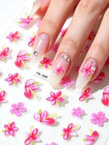 1pc Embossed Thin Flexible Hand-Painted Pink Floral Nail Stickers, Spring Theme, Shiny Glossy Effect, Asymmetrical Shape, Fresh Style, INS, Suitable For Women's Manicure, Foot Care, Holiday Decoration - Multicolor - View 1