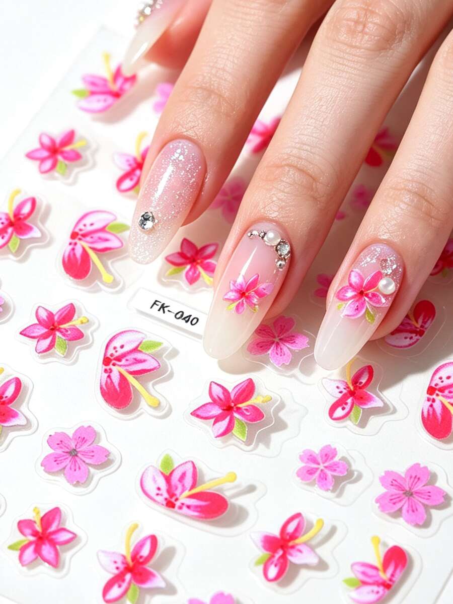 1pc Embossed Thin Flexible Hand-Painted Pink Floral Nail Stickers, Spring Theme, Shiny Glossy Effect, Asymmetrical Shape, Fresh Style, INS, Suitable For Women's Manicure, Foot Care, Holiday Decoration - Multicolor - View 1