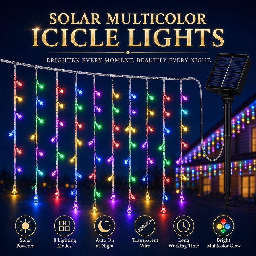 2pcs Solar Powered Multi-Color Icicle Lights, Outdoor Hanging Curtain String Lights, 8 Flashing Modes, Solar LED Decorative Lights, Suitable For Garden, Patio, Balcony, Eaves, Party, Holiday, Home Decor